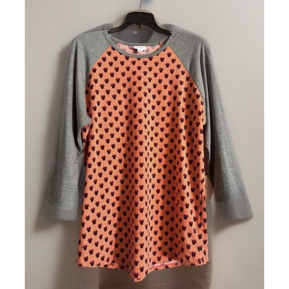 Disney Lularoe "Randy" Women's Minnie Mouse Baseball Shirt Top Orange Grey 2XL